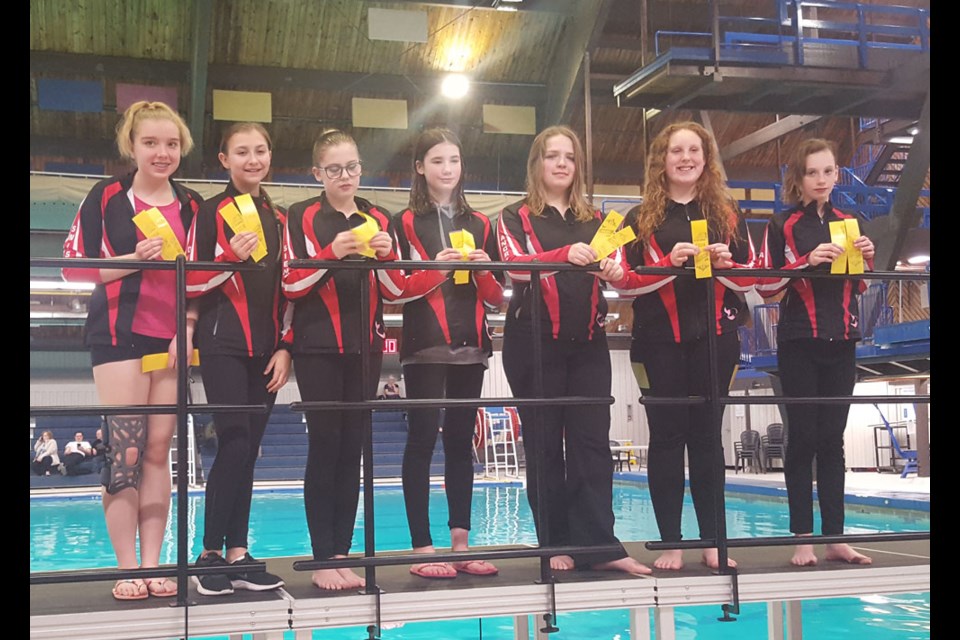 The 13-15 competitive team was, from left, Laura Swirski, Rebecca Duncan, Sienna Kuntz, Sasha Mantei, Andri Groeveld, Emily Greening and Aivry Culy. Missing, Gracie Dzuba and Bella Michael. Photo submitted