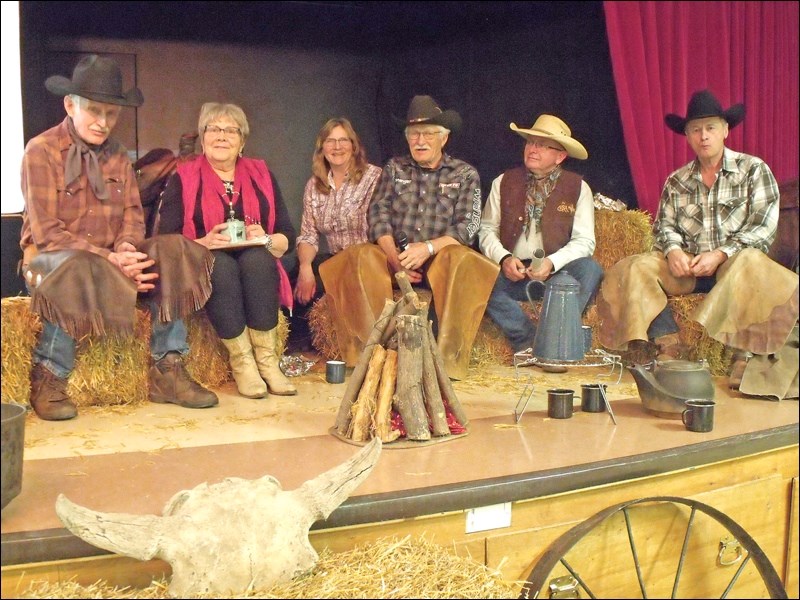 A museum supper on March 9 in Borden celebrated 90 years of East Borden Grazing Co-op. Telling stories around the campfire while eating lunch – Lew and Ruby Wall, Ruben Rempel, Barry Thiessen and Roy Saunders. Photos submitted by Lorraine Olinyk