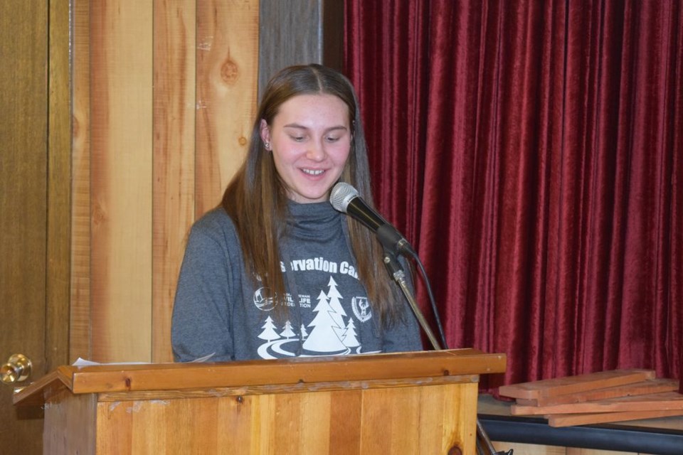 Kailey Sleeva, Grade 8 student at CCS (Canora Composite School), gave a presentation at the River Ridge Fish and Game League awards banquet on March 2, describing her experiences at the Youth Conservation Camp at Candle Lake last summer.