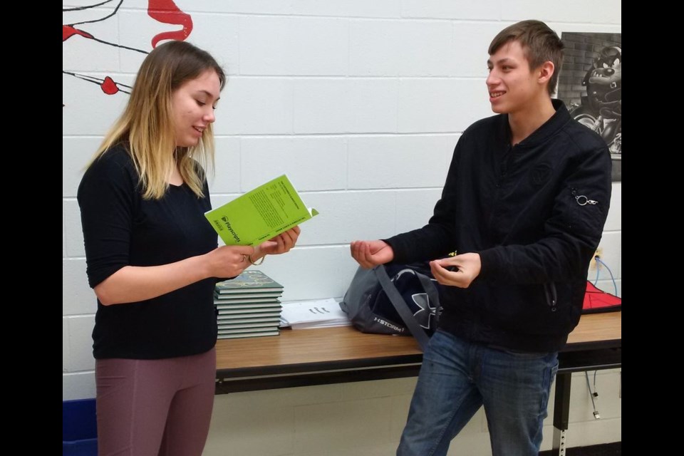 Rehearsing for the Norquay School senior drama production were Keely Foster and Easton Raabel.