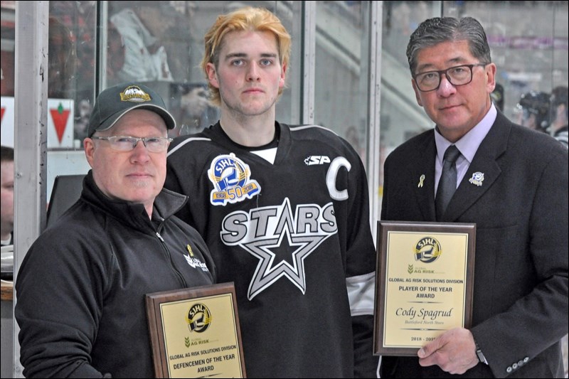 Cody Spagrud (centre), the North Stars captain, has been named SJHL Top Defenceman and SJHL’s presid