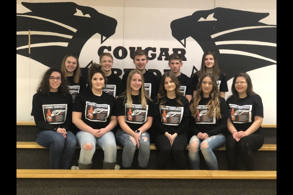 A number of events were held by the CCS (Canora Composite School) SADD (Students Against Drinking and Driving) chapter to highlight Provincial Impaired Driving Awareness Week in Saskatchewan from March 4 to 8. CCS SADD chapter members, from left, are: (back row) Larissa Makowsky, Jayden Bisschop, Jacob Danyluk, Maxwell Mydonick and Emily Owchar, and (front) Gracie Paul, Kyesha Kaiser, Saryn Leson, Megan Scherban, Cassandra Danyluk and Kami Kuhn.