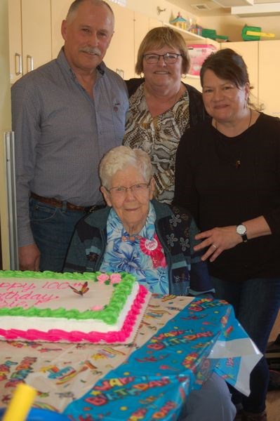 Family and close friends who helped Elsie Myhran, a resident at the Preeceville Personal Care Home celebrate her 100th birthday, from left, were: (back row) Lionel and Lois Person and Michelle McKenzie and, (front) Myhran.