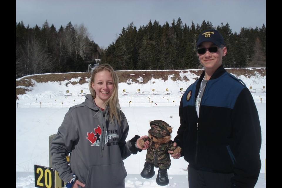 Almina Kovcic, left, was selected to be a Cadet Official and Eric Prestie was selected to be the Team Saskatchewan Cadet Coach at the 2019 Cadet Biathlon Nationals in Brookvale, PEI on March 3-10. The are both members of the Preeceville Harvard 606 Air Cadet squadron and were photographed with Chief the Bear (#606 Harvard Mascot.)