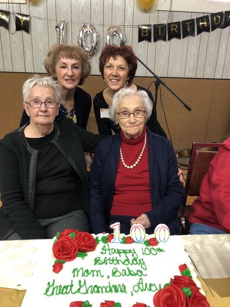 With Lucy Saranchuk at her 100th birthday celebration, from left, were her daughters (back) Jane Dalke of Calgary, Deb Saranchuk of California and (front) Colleen Danielson of Kamsack and Saranchuk. Daughter Frances Danielson was unavailable for the photograph.