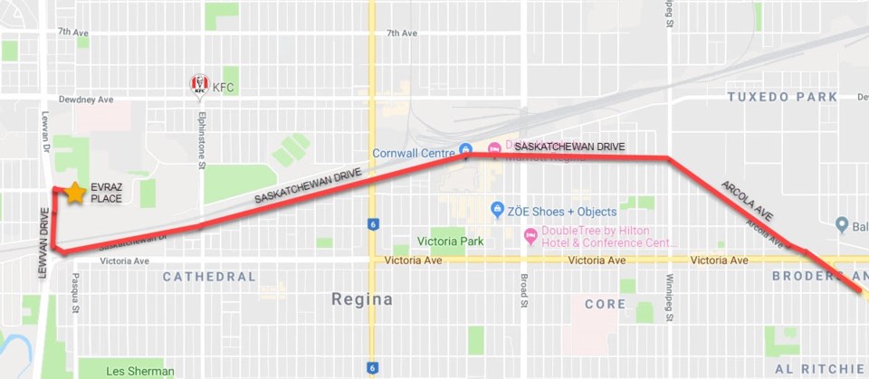 Regina convoy route map from Regina Police