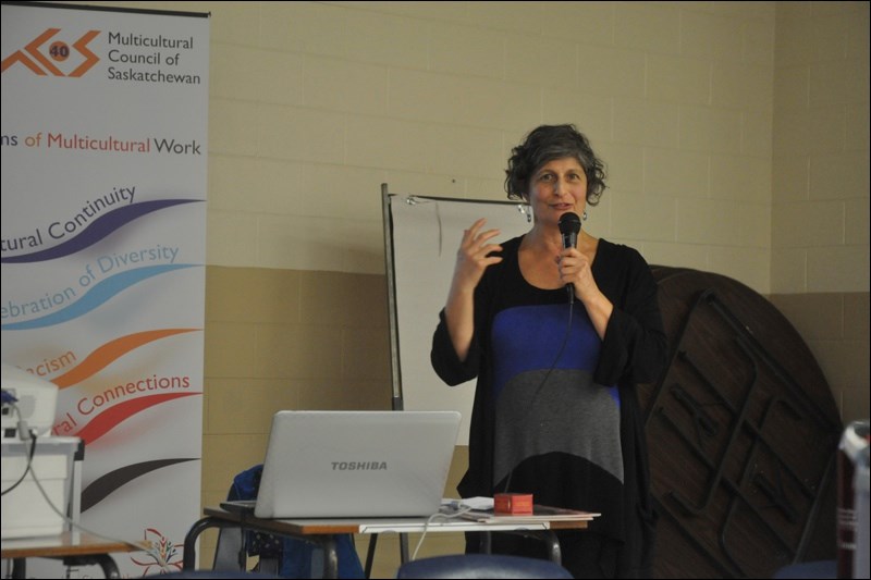 Multicultural Council of Saskatchewan Executive Director Rhonda Rosenberg at a forum on racism organ