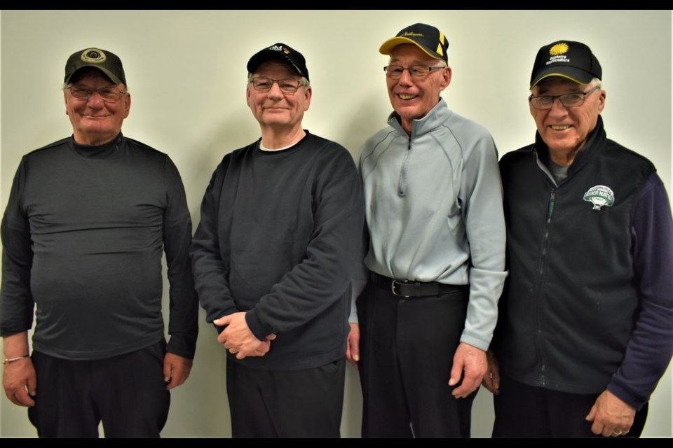Taking first place in the Club 55 Bonspiel held in Kamsack from March 25 to 27 was the Larry Dahl rink of Norquay. From left, were: Dahl (skip), Dwayne Dahl (third), Russel Lasko (second) and Orest Dedio (lead.)