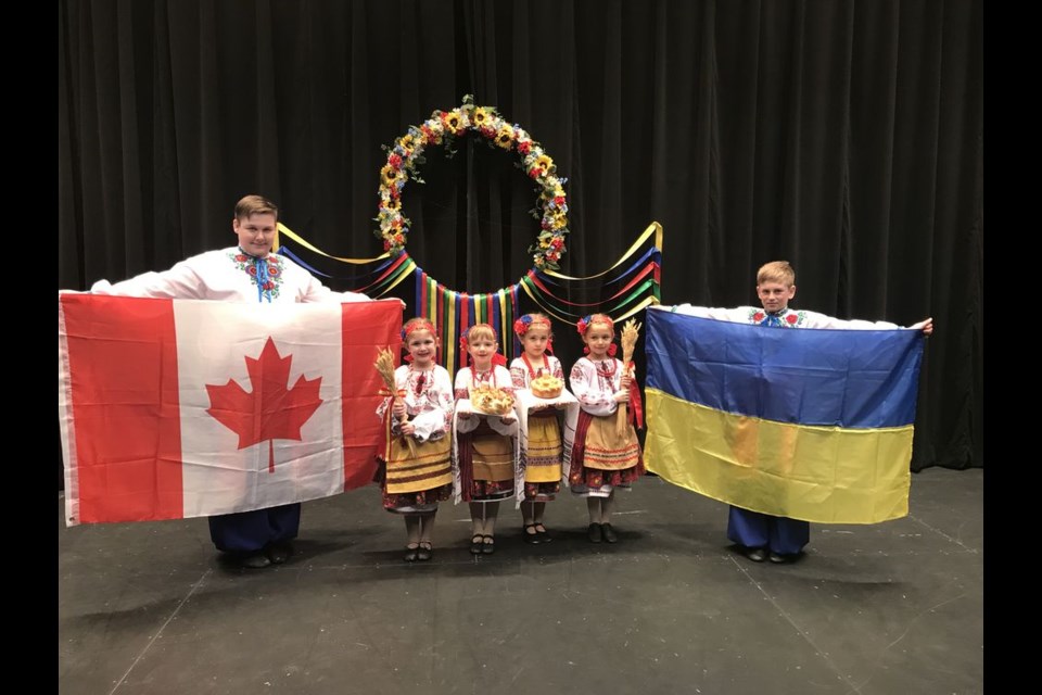 Dancers who presented the traditional wheat, salt, bread and flags on April 7, from left, were: Lyndon Gawrelitza, Lindy Romanchuk, Maycee Johnson, Hope Omelchuk, Lily Beatty and Bracyn Konkel.