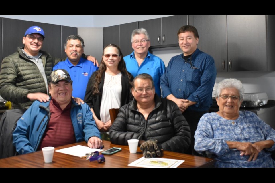 Members of the Hope Haven Healing Homes committee, at the grand opening of the facility at Keeseekoose First Nation on April 4, from left, were: (back) Kevin Musqua, Keeseekoose councillor and ad hoc project team member; Chief George Straightnose; Cheryl Quewezance, program manager for Hope Haven Healing Homes; Raymond Shingoose, executive director of Yorkton Tribal Council Child and Family Services (YTCCFS), and Leonard Keshane, Keeseekoose Prevention Committee, and (front) George Quewezance, Keeseekoose board member ICFS (Indian Child and Family Services), Phillip Quewezance, past ad hoc project team chairperson, and Virginia Musqua, Elder and ad hoc project team member.
