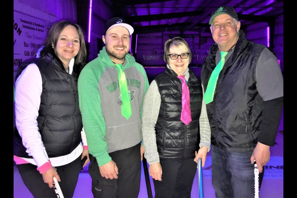 In the Norquay Glow Bonspiel, the first event winner was the Rick Kinaschuk (skip) rink of Benito. From left, the team included: Kristen Harness, lead; Tyson Kinaschuk, second; Lenore Kinaschuk, third, and Kinaschuk.