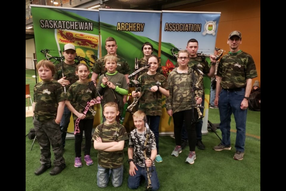 Archers from the Sturgis Archery Club did well at the Saskatchewan Archery Association Junior Olympic Program in Prince Albert on April 13. Shooters, from left, were: (back row) Gavin Swiderski, Wyatt Mastrachuk, Nolan Westermann, Kale Musey and Trevor Bartel, coach, and, (middle) Carter Scheller, Maggie Bartel, Luke Sandager, Amber Spray and Payton Sorgen, and, (front) Wyatt Scheller and Boden Heskin.