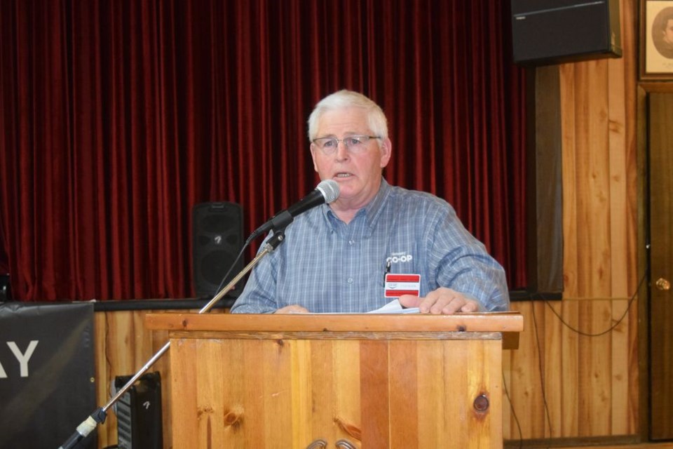 Lyle Olson, president, spoke at the Gateway Co-op annual informational meeting on April 25 at Rainbow Hall in Canora.