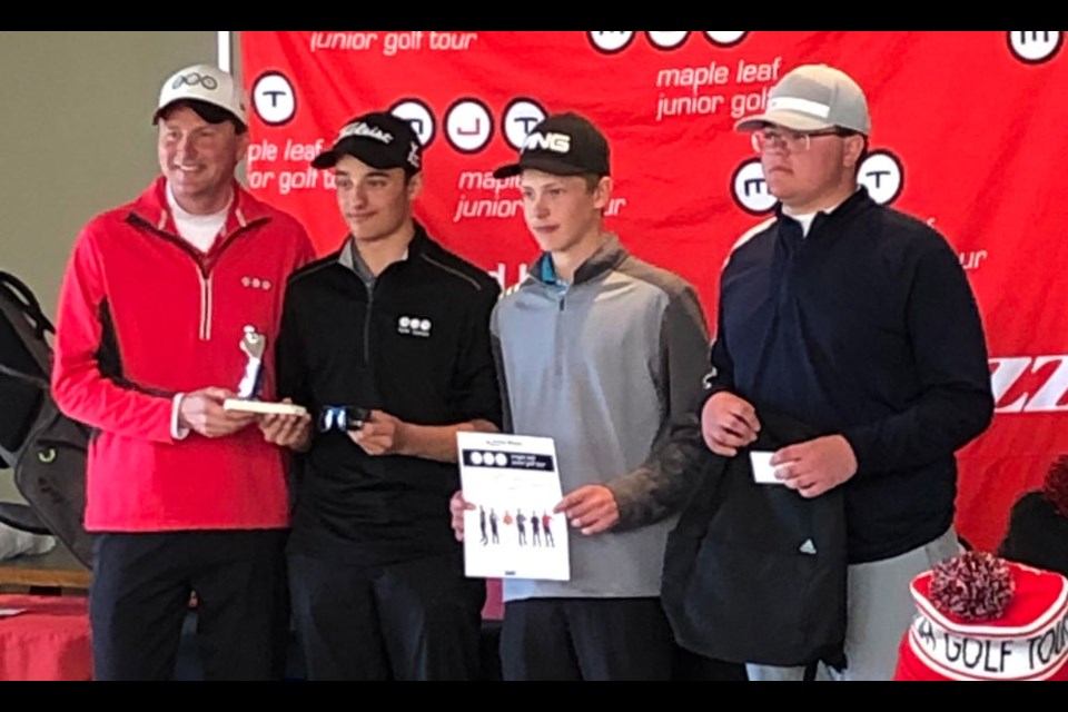 Estevan's Chase Gedak, second from right, and Jace Carlisle, right, finished second and third, respectively, in the junior boys event. Photo submitted