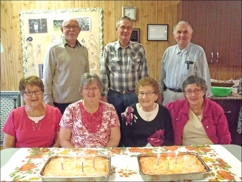 April birthdays at Borden seniors lunch April 24 – Bob, Ed, Larry, seated, Irene, Mary, Ann, Velora.