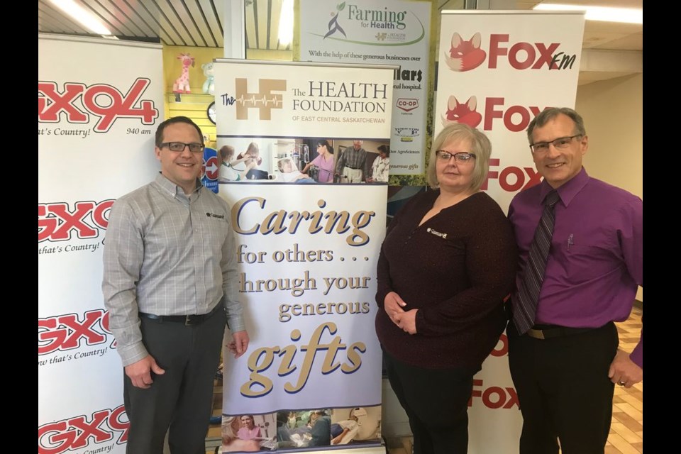 On behalf of Crossroads Credit Union, from left: Jeff Bisschop, CEO and Arlette Bogucky, board member, presented a cheque for $5,000 to Ross Fisher of the Health Foundation at the Airwaves for Health Radiothon in Yorkton.
