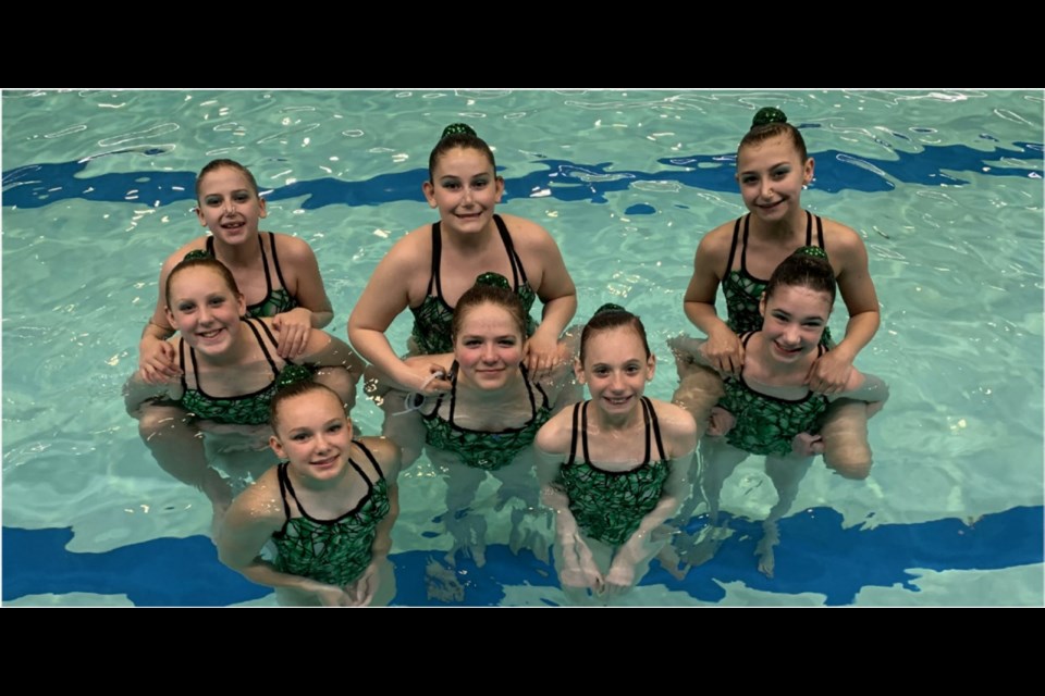Members of the 13-15 team routine competitive provincial stream entry were, front row, from left, Gracie Dzuba and Aviry Culy; middle row, Emily Greening, Andri Greoveld and Sasha Mantei; and back row, Sierra Kuntz, Bella Michael and Rebecca Duncan. Photo submitted