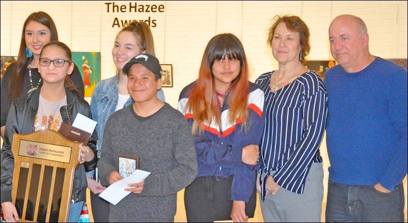 Art competition entrants, along with Nora and Rob Rongve, at the first awards event of the Hazee Awards.