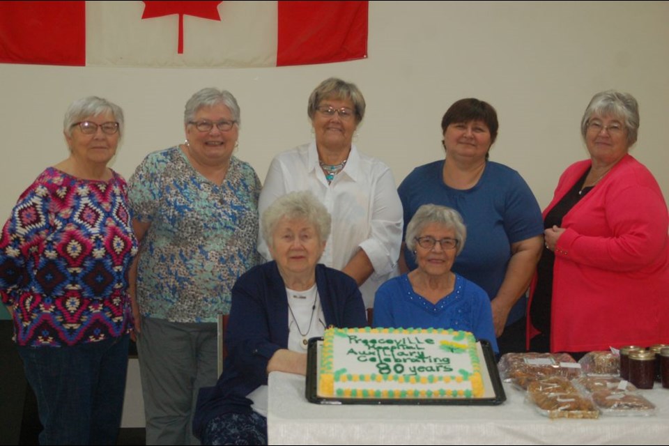 Members of the Preeceville Hospital Auxiliary who celebrated the organizations 80th anniversary from left, were: (back row) Ollie Maksymiw, Elaine Christopherson, Darlene Medlang, Karen Berezitzky and Agnes Murrin, and (front) Lila Duff and Grace Predy. Unavailable for the photograph were: Marge Neitling, Bonnie Paul and Carol Rediger.