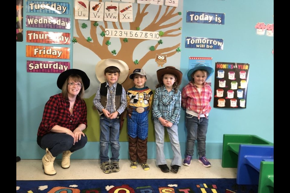 Children at the Preeceville Nursery School had fun dressing up to play cowboys. Students from left, were: Lori Newton, teacher, Zachary Durand, Landon Erickson, Sage Ward and Hayley Hartl.