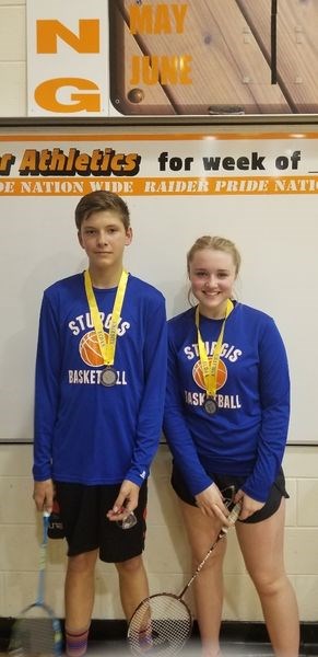 Sturgis Composite School junior badminton players who won bronze medals in the mixed doubles category for their third place finish at district play in Yorkton, from left, were; Daniell Mirva and Paige Hansen.