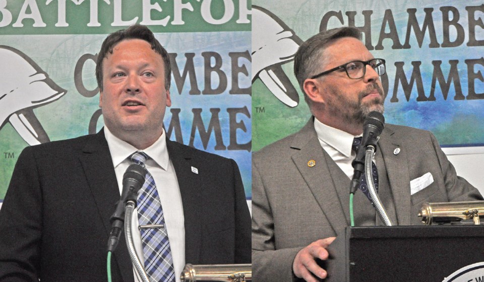 Mayor Ryan Bater of North Battleford and Mayor Ames Leslie of Battleford spoke last Thursday at noon