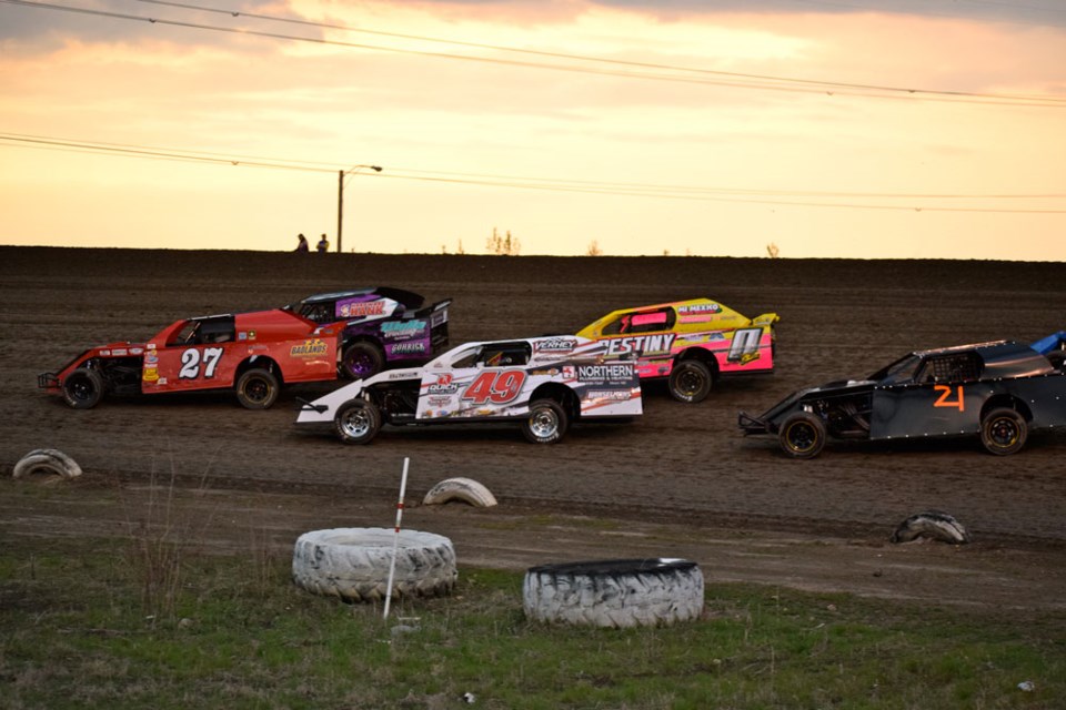 Dennis Chapman leads a field of sport mod drivers during the Tougher than Dirt race. Photo by Anastasiia Bykhovskaia