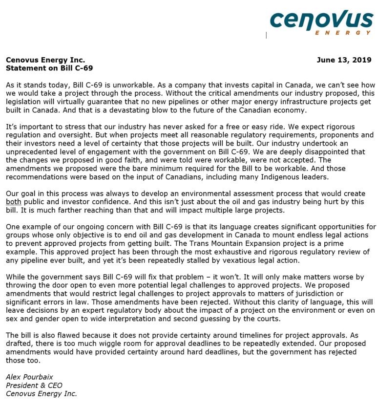 Cenovus on Bill C-69