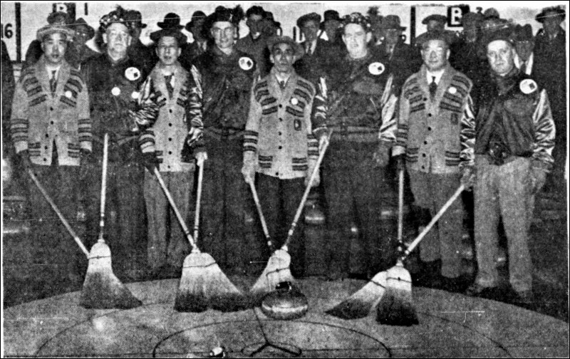 The American and Chinese Canadian rinks at the 1945 Saskatoon bonspiel. Tom Sing, second from right. Star Phoenix, Jan. 24, 1945.