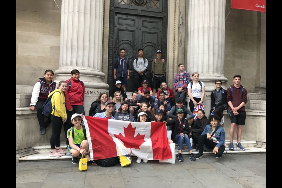 The Kamsack air cadets joined a group of cadets from Vancouver, B.C. for their tour of London and the group was photographed in front of Canada House at Trafalgar Square.