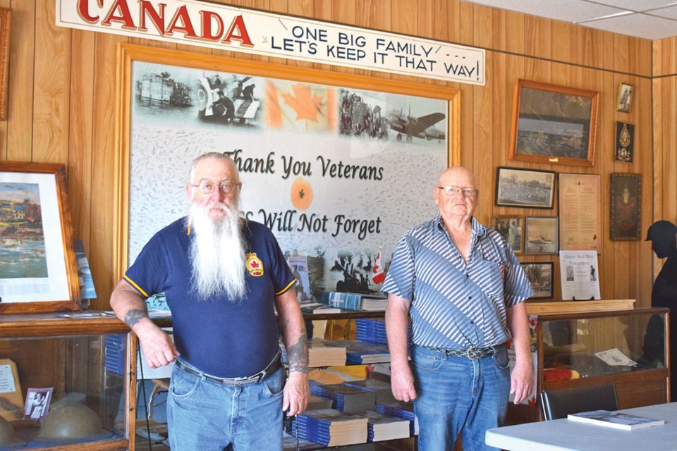 Royal Canadian Legion Estevan branch president Jim (Frosty) Forrest, left, and past-president Lyle Dukart are pictured here at the Legion Hall in front of the ECS banner. Photo by Anastasiia Bykhovskaia