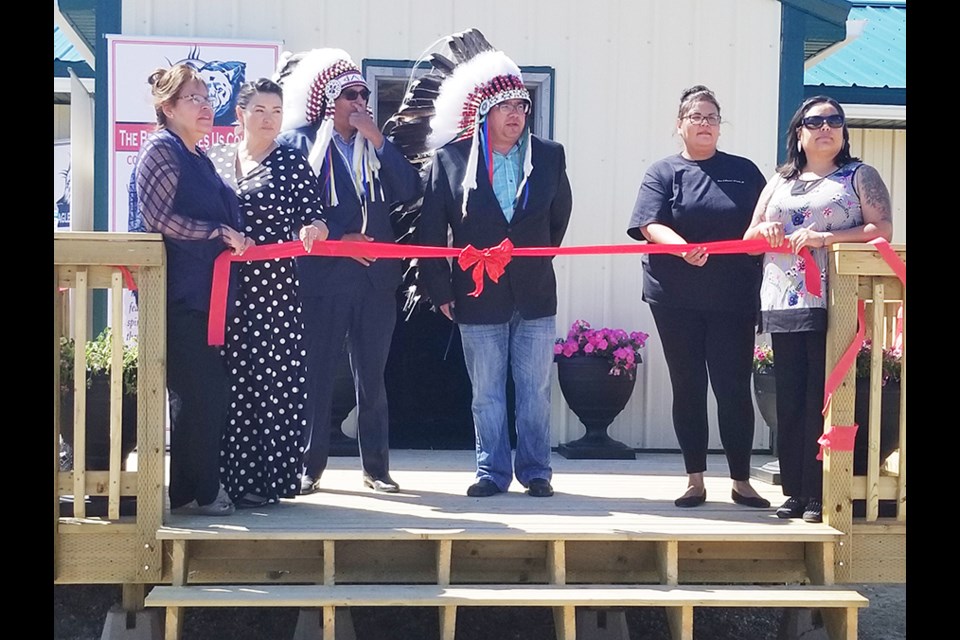The Buds and Blossoms Cannabis Co. held its Grand Opening on Monday, July 1. The store is located on the Pheasant Rump Nakota First Nations. In attendance to take part in the ribbon cutting ceremony were: left to right: Patricia McArthur Fleming, Pheasant Rump Nakota Band #68; Junita Bigeagle McArthur, Pheasant Rump Nakota Band #68; David Pratt, FSIN; Ira McArthur, Chief Pheasant Rump Nakota Band #68; Julie Kakakaway, Pheasant Rump Nakota Band #68; Misty McArthur, Pheasant Rump Nakota Band #68.