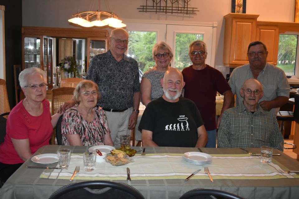 A shishliki reception was held in honour of Bruce Cadbury of London, England on June 14 at the home of Linda Osachoff and Alfredo Converso north of Mikado. Cadbury has researched his great-grandfather, who was a Quaker instrumental in supporting the Russian Doukhobors who were immigrating to Canada. At the reception, from left, were: (standing) Fred Konkin, Linda Osachoff, Alfredo Converso and Andy Kazakoff, and (seated) Eileen Konkin, Margaret Benneke, Bruce Cadbury and Gerald Benneke.