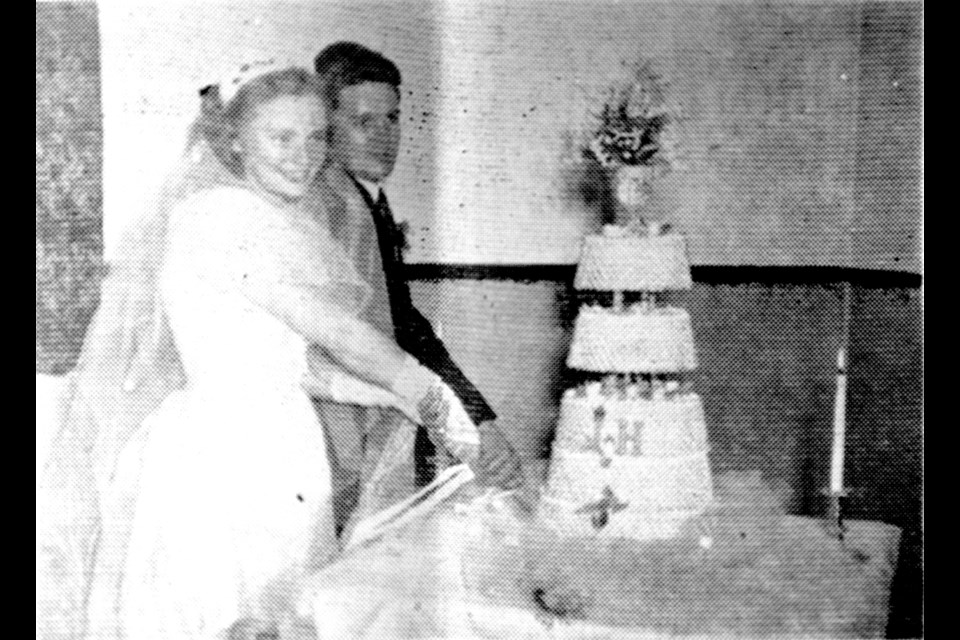 Henrietta Marie Lang and James Murray Ogilvie got married on July 20, 1949 in the lecture hall of the St. Elizabeth Hospital. After the ceremony, a reception was held at the Legion Hall, where 250 guests offered best wishes to the new couple. Photo by Modern Studio