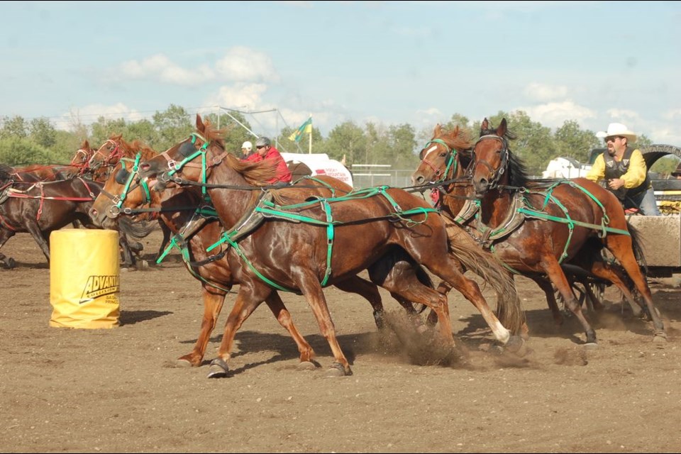 Tyler Salmond turned his team of horses quickly around the barrel during the chuckwagon races at the Preeceville Western Weekend held from July 12 to 14.