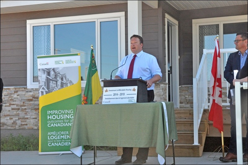 North Battleford Mayor Ryan Bater speaking at the opening of the Haven-4-Eight rooming house on Tuesday. The project is part of a plan to address homelessness. Photos by Josh Greschner