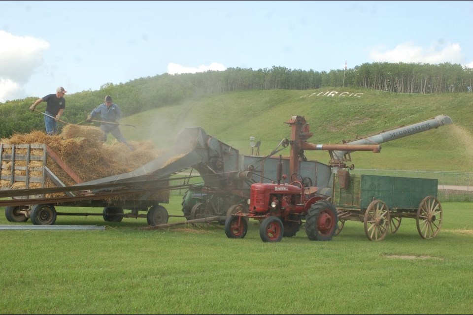 Dale Bashforth, left and Bill German were responsible for feeding the wheat sheaves into the threshing machine during the threshing demonstration at the Sturgis Sportsgrounds on July 21.