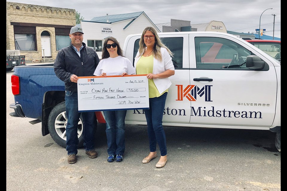 Kingston Midstream has made a donation of $15,000 to the Ocean Man First Nation to support their Pow Wow that is taking place on August 30th, 31st and September 1st. Kingston Midstream is committed to support the communities which they do business in, and to support the organizations that make these communities a great place to live. L to R: Jeff Lees: Foreman, Operations East; Kingston Midstream, Chief Connie Big Eagle: Chief of Ocean Man First Nation, Becky Cassidy: Advisor, Public Affairs; Kingston Midstream.