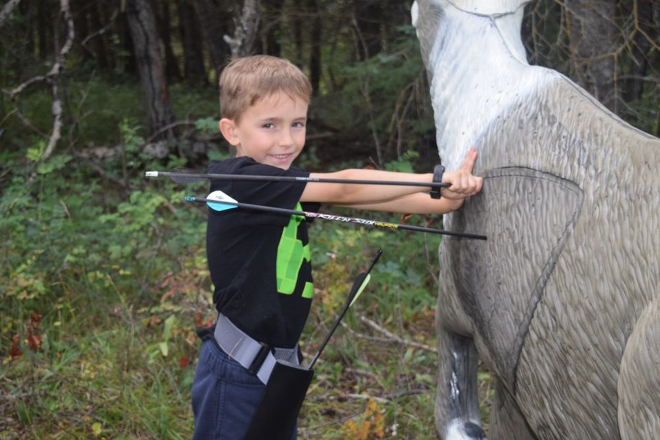 For the first time, seven-year-old Gavin Bilsky of Scandia Alta. took part in the Assiniboine River Archery Club’s 3-D Shoot as a competitor, thanks to the efforts of his father Joey, originally of Mikado, in making the long trip.