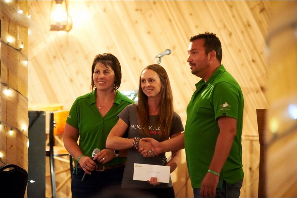 On behalf of the Field of Dreams partners, Jen Lindgren (left) and Parker Summers (right) presented a donation to the Do More Agriculture Foundation, represented by Adelle Stewart. The Foundation is a not-for-profit organization focusing on mental health in agriculture across Canada.