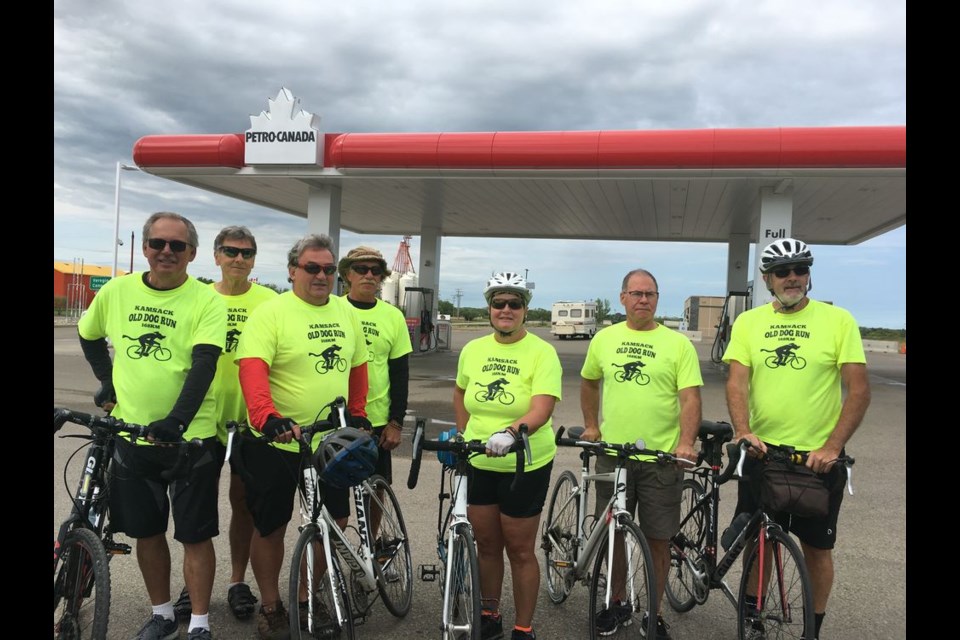 On August 10, the Old Dog Run (ODR) riders gathered in the Petro Canada parking lot to begin their farewell ride. From left, were: Joe Kozakewich, Doug Bear, Harold Maksymetz, Jim Nahnybida, Brenda Andrews, Tom Campbell and Warren Andrews.