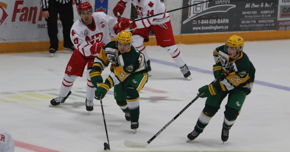 Braiden Koran and Karter McNarland of the Humboldt Broncos