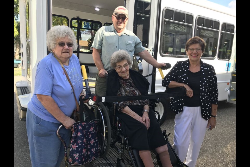 Pictured utilizing Canora’s new mobility bus is Vera Fofonoff, a resident of the Canora Gateway Lodge. With Fofonoff are her daughters, Myrna Thiemann (left) and Irene Skurat, along with Clarence Homeniuk, maintenance worker at CGL, who was the driver for the bus trip.