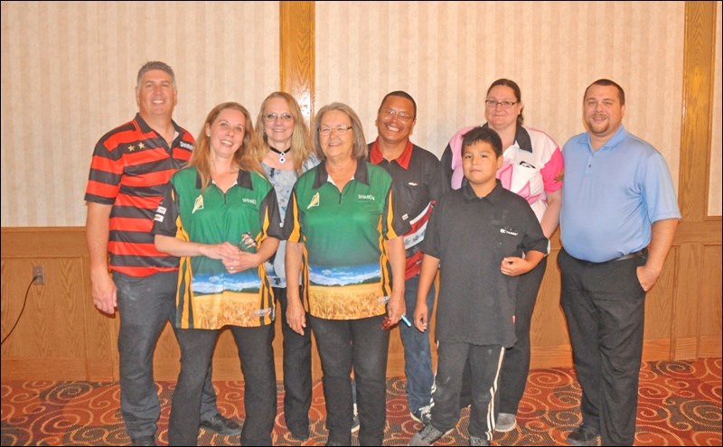 Darts club members Jason Skinner, Jessica Lobb, Donna Roske, Sharon Acker, Chester Sakebow, Storm Th