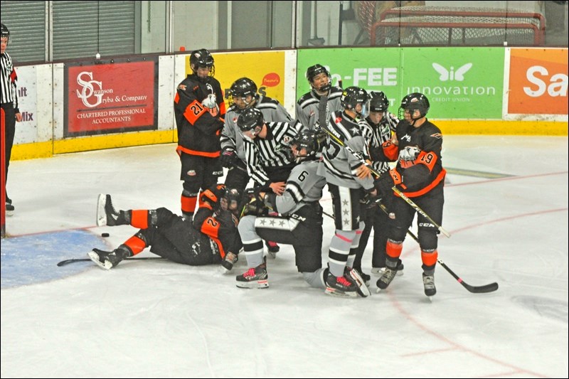 This is action from Saturday night’s game at the Civic Centre as the Battlefords Stars defeated the Yorkton Secon Maulers. Photos by John Cairns