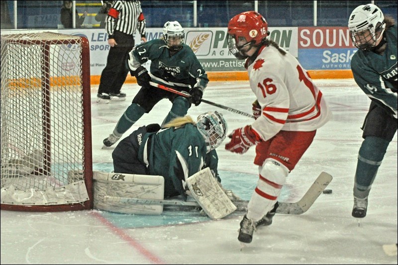 Here is second period action from the home opener Saturday at Battleford Arena between the Battlefords Sharks and Notre Dame Hounds, won by the Sharks 2-1 for their first win of the season. Photos by John Cairns