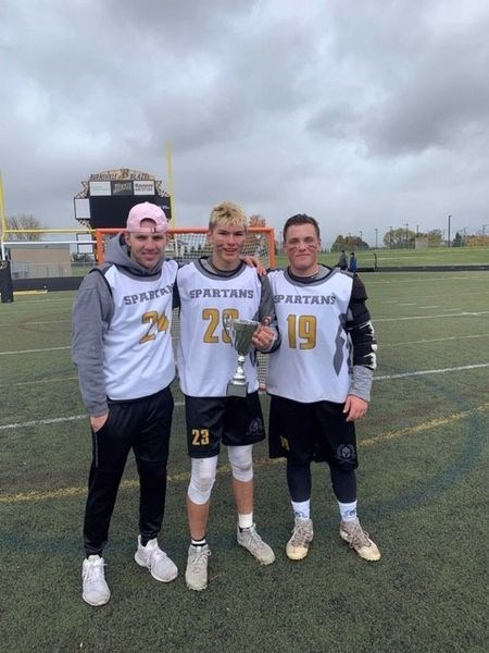 Local players who competed for the Saskatoon Spartans Elite 16U lacrosse team at the Great Pumpkin Shootout tournament, from left, were: Jacob Danyluk of Canora, Toby Olynyk of Buchanan and Shae Peterson of Sturgis.