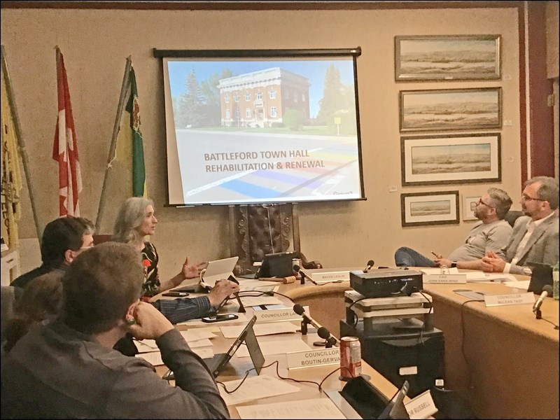 Laura Plosz of Group2 Architecture presents to town council on the Town Hall/Opera House project.