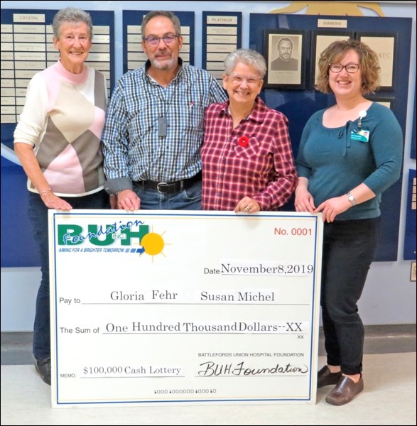 $100,000 Winners – Pat Gotto, BUH Foundation volunteer with $100,000 Cash Lottery Grand Prize Winners Garry and Gloria Fehr, Shauna McGifford, BUH Foundation Fund Development Officer. The name on the cheque includes Susan Michel, Gloria’s sister. They purchased the ticket together. Photo submitted