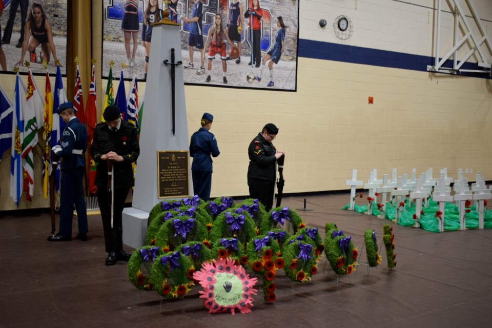Members of the No. 2901 Estevan Army Cadets and the No. 30 Wylie-Mitchell Air Cadets guard the cenotaph after the wreaths were laid at Estevan’s Remembrance Day service.